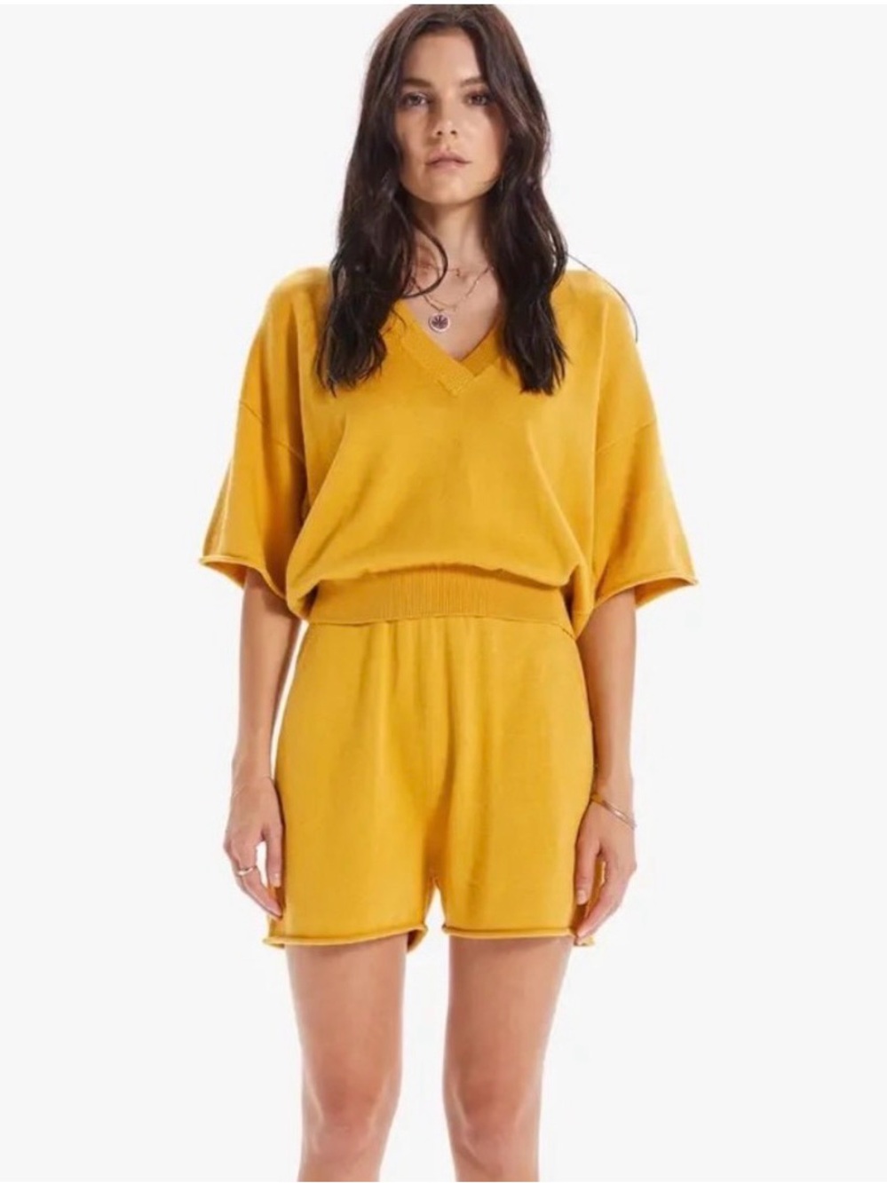 MOTHER amber yellow Boxy V-neck crop sweater - Picture 2 of 6